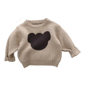 Beiger Kinderpullover aus Baumwolle mit schwarzen Mickey-Maus Ohren als Motiv auf der Vorderseite, vor weissem Hintergrund.