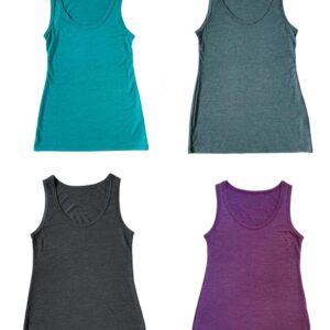 Vier heywool Damen-Tanktops aus Merinowolle in den Farben Türkis, Graublau, Anthrazit und Beere.